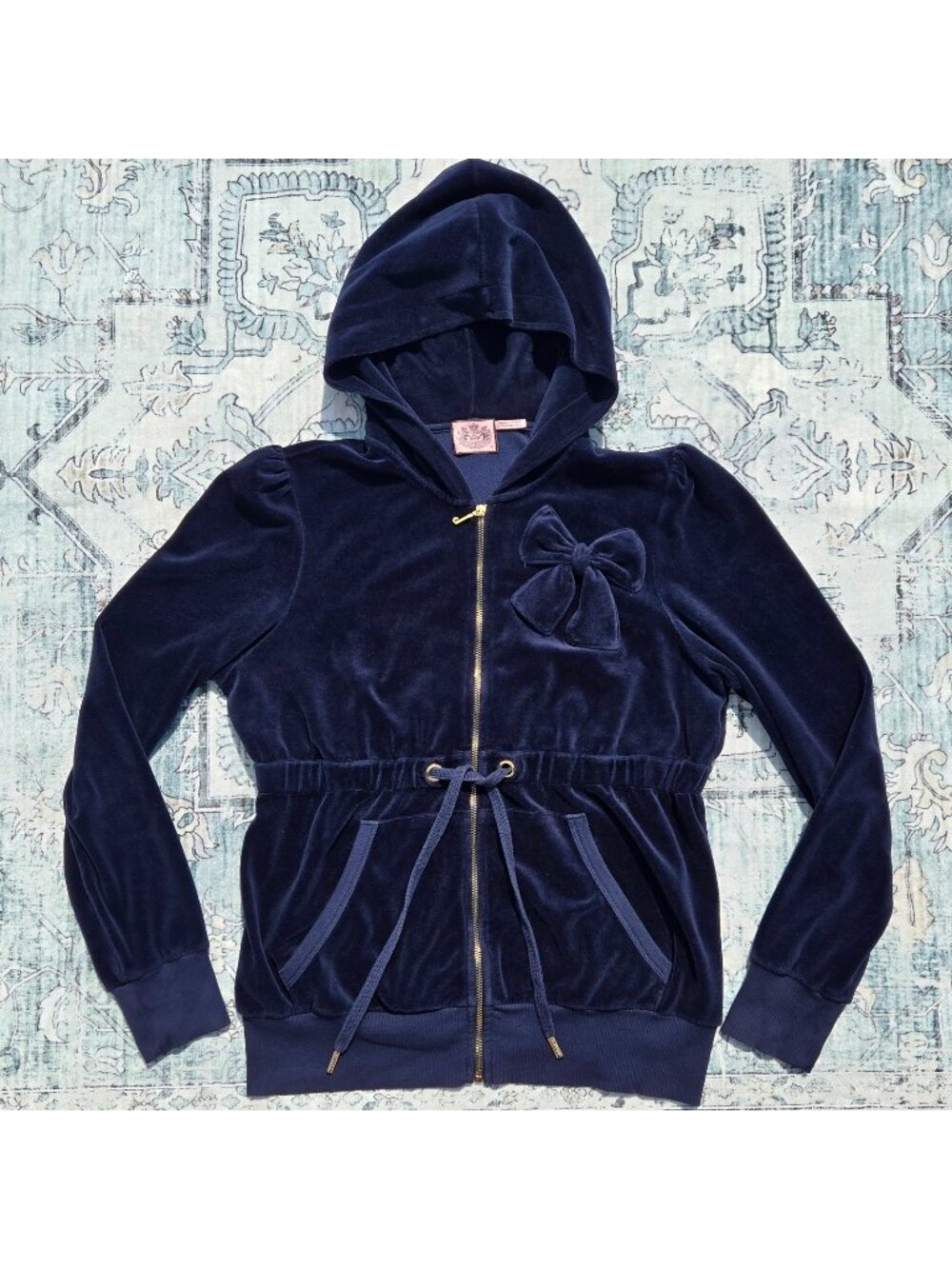 Y2K Juicy Couture Navy Blue Velour Zip Up Track Jacket With Bow Size XL